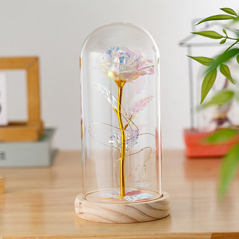Valentine's Day Gift Rose Tabletop Ornament with Lamp Simulation Gold Foil Flower Glass Cover Scene Arrangement Props