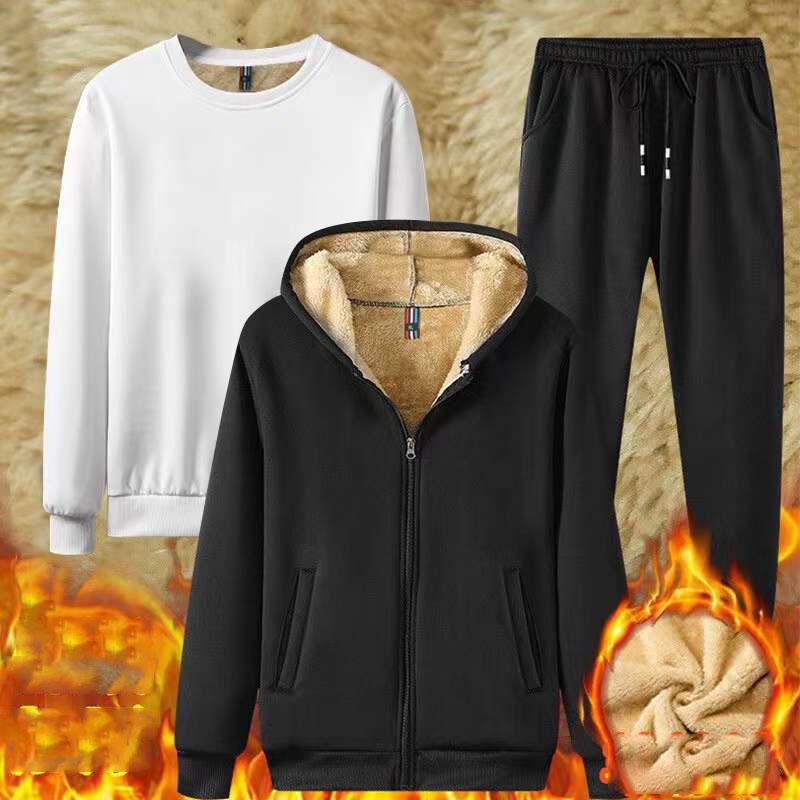 Sportovní oblek Lamb Fleece Pánský zimní volný, velká velikost plus sametově silný teplý svetr s kapucí a ležérní kalhoty