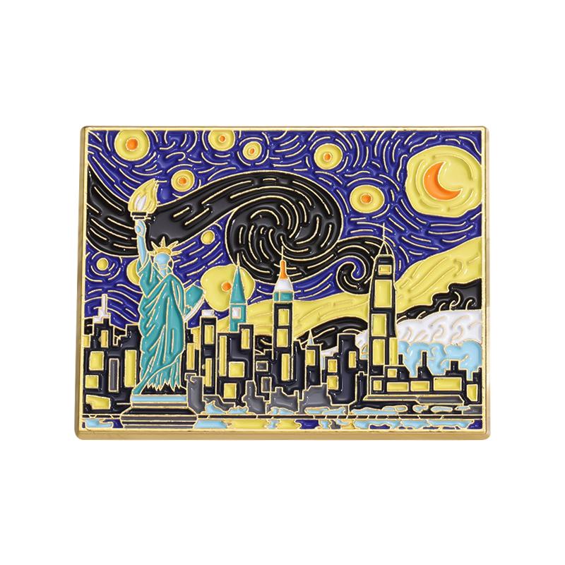 Art Oil Painting Enamel Pins Custom Night Starry Sky Brooches Lapel Badges Punk Gothic Animal Jewelry Gift for Kids Friends