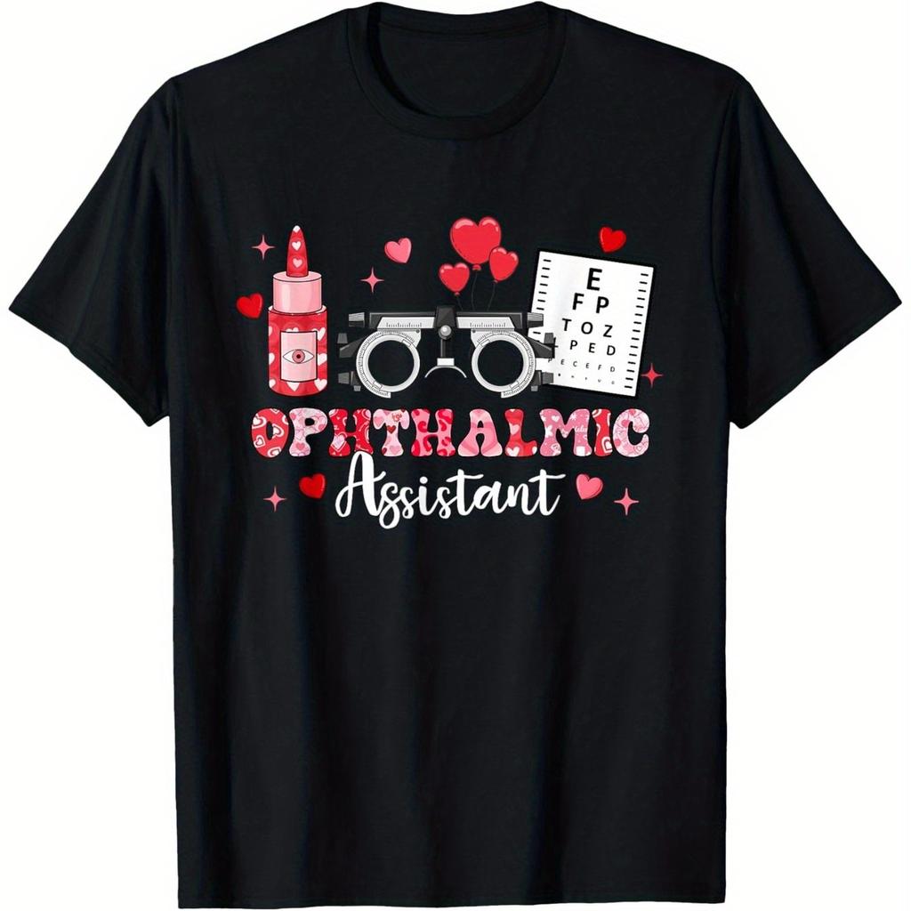 Ophthalmic Assistant Eye Test Valentine Hearts Graphic T-Shirt Breathable Cotton Casual Daily Tee
