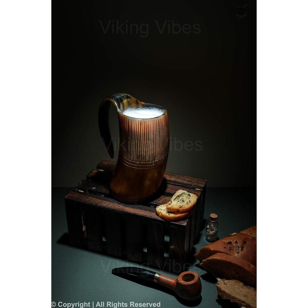 Vibes Horn Mug Tankard Special Edition - Hand Engraved Viking Original Horn Mug Cup for Mead, Ale and Beer - Original Medieval Mug (Pattern 1, 600 ML)