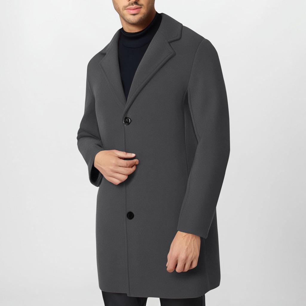 Trench Coat Men Wool Blend Coat Notched Collar Single Breasted Overcoat Business Casual Winter Jacket With Pockets