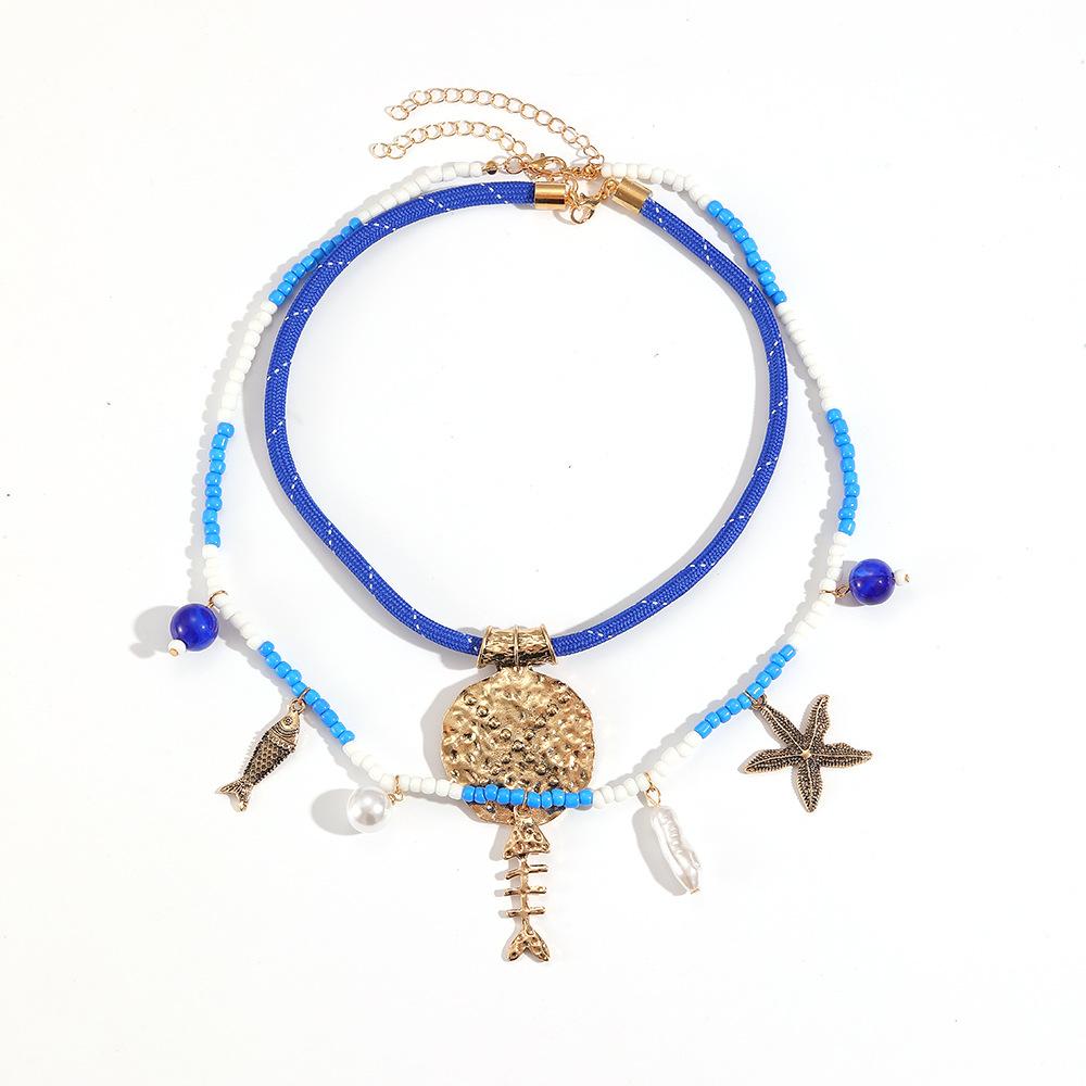 Exaggerated rice bead hand woven fishbone starfish pendant necklace fashionable bohemian collarbone chain layered