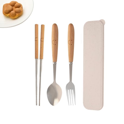 

Stainless steel 3-piece cutlery set featuring chopsticks, a fork, and a spoon, with a case. Perfect for camping, outdoor use, and as a bento lunch box