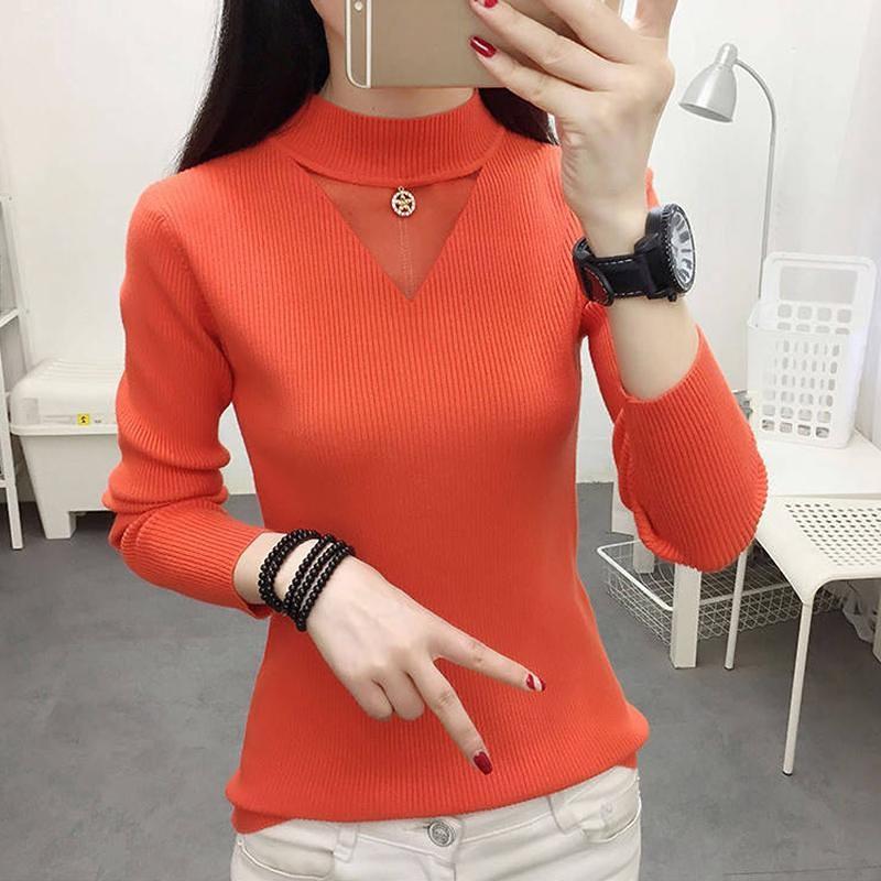New Women's Turtleneck Pullover Slim Knit Jumper Winter Hollow Gauze  Yellow Sweater Tops