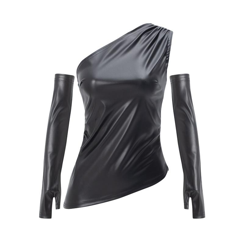 

Европейский и американский кожаный жилет для женщин, законодатели моды в уличной одежде, без рукавов, с наклонным воротником и рукавом сверху S чёрный