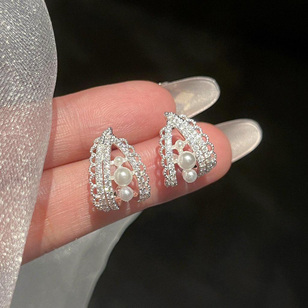 French Pearl & Zircon Earrings: Women's Light Luxury Lace Edged Studs, Hoops, and Clips.