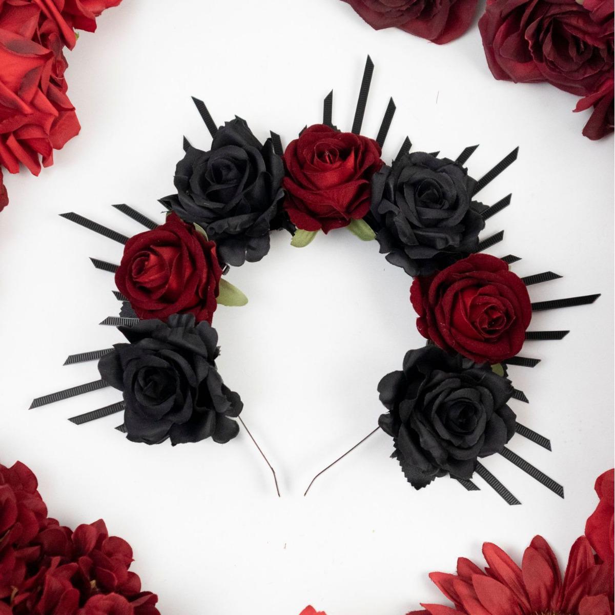

Gothic Dark Bride Rose Halo Tiara for Halloween & Day of the Dead бордовый/чёрный