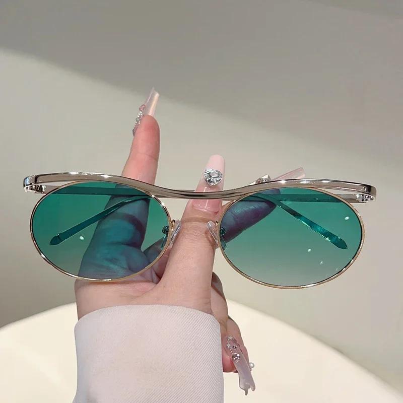 KAMMPT Vintage Oval Sunglasses New Fashion Metal Rim Gradient Outdoor Casual Shades Women Trendy Brand Design Sun Glasses