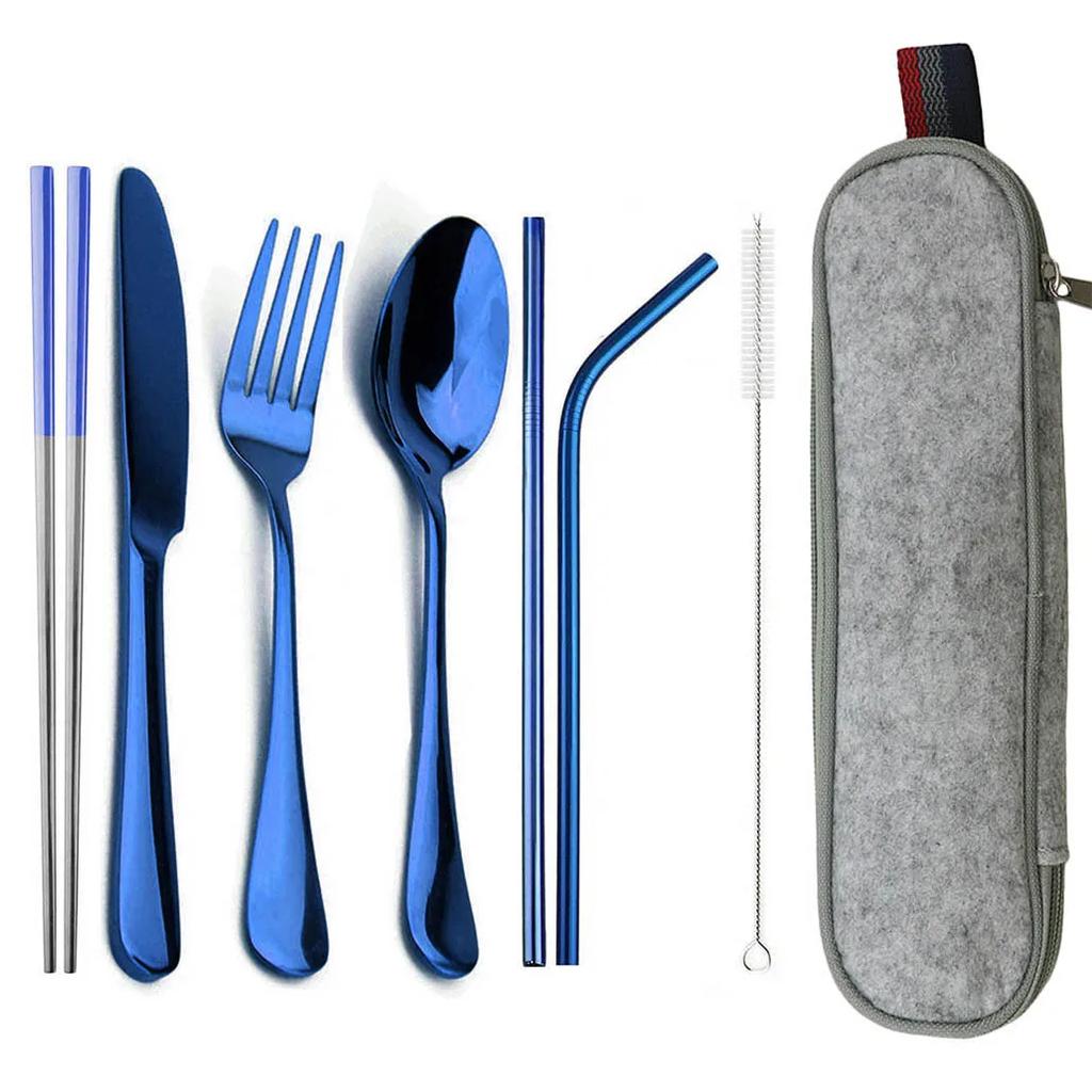 Travel Hiking Portable Dinnerware Set with Pouch Reusable Stainless Steel Straw Cutlery Knife Spoon Fork Chopsticks Silverware
