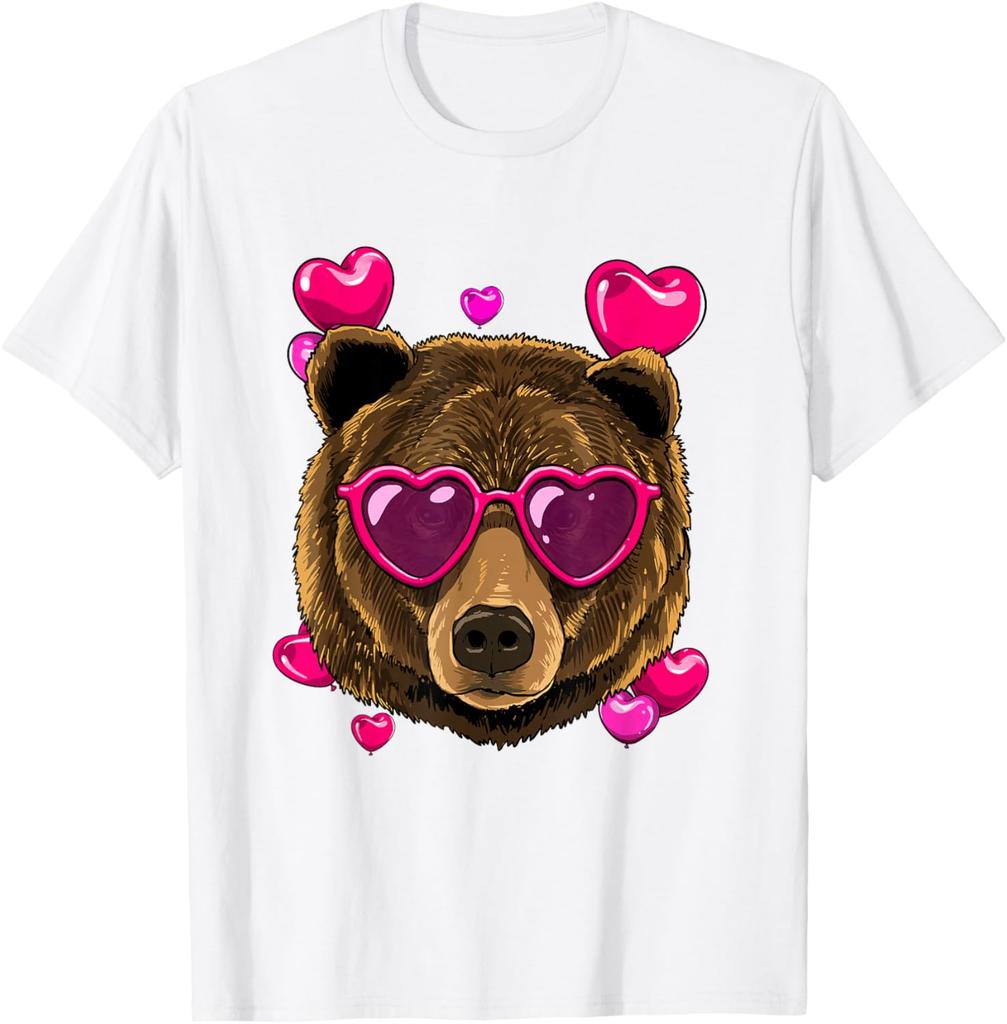 Bear Wearing Heart Sunglasses Valentines Day Graphic T-Shirt Casual Cotton Crewneck Tee