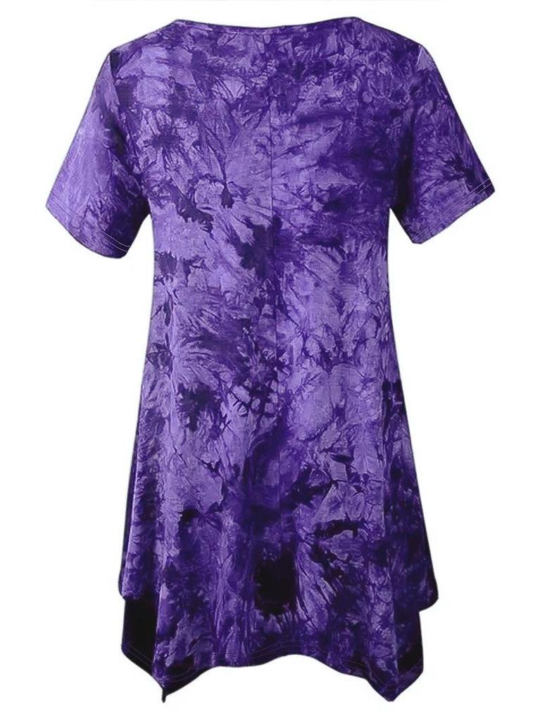 Women's Plus Size Tie-dye V-neck Irregular Hem Short Sleeve Loose Top