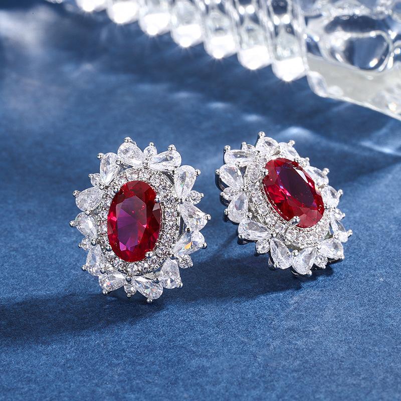 Jewelry Retro Style Simulation Red Corundum Jewelry Set Pendant Ring 12 * 16 Stud Earrings 8 * 12