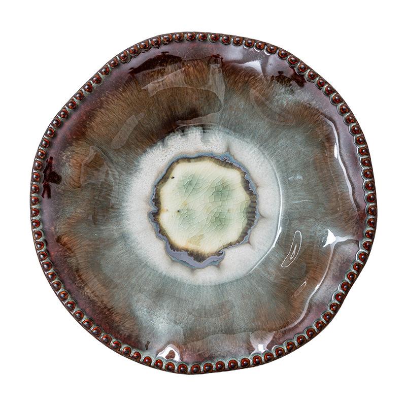 High-Value Kiln-Changed Bead Edge Ceramic Plate, Retro Style Tableware Plate Plate, Special-Shaped Plate, Household Vegetable Plate, Salad Plate.