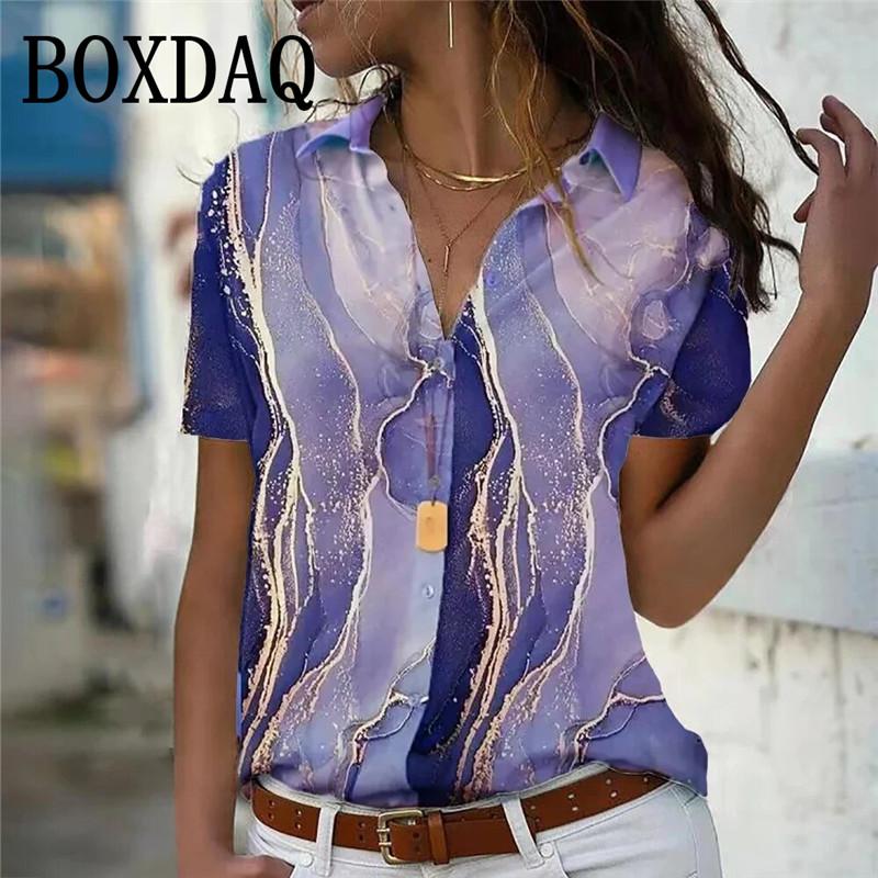 New Spring Wome Blouses Fashion Abstract 3D Marble Printed Shirts Casual Button Short Sleeve Loose Shirt Elegant Summer Top