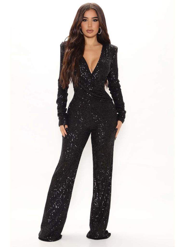 Jesień 1153: Europejski & Amerykański Kombinezon z cekinami i głębokim dekoltem V dla Kobiet