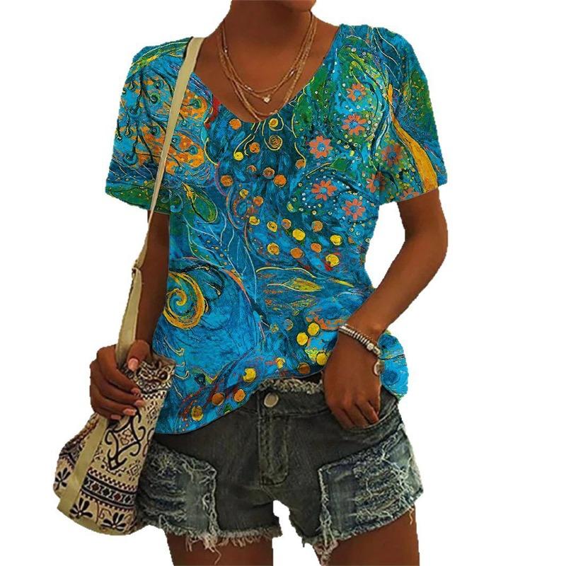 Fashionable Casual Women's Clothing with Colorful Patterns 3D Printed V-neck T-shirt Loose Women's Short Sleeved Shirt