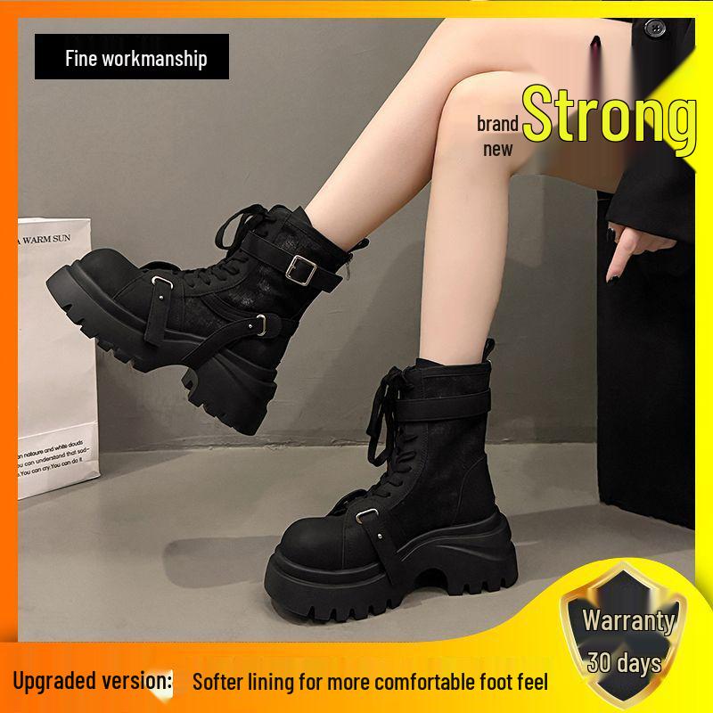 Leder-Denim-Plateau-Martin-Stiefel im europäischen Stil - Damen 2025 Neue höhenverlängernde Motorrad-Kurzstiefel, kleine Größen