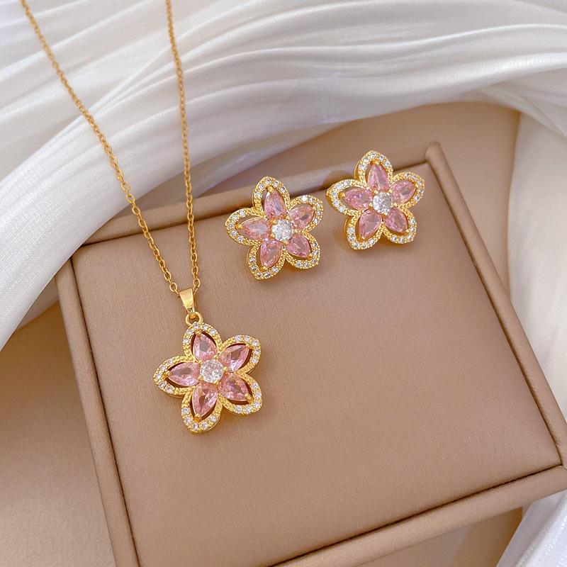 Full of Zirconium Exquisite Wind Copper Micro-inlaid Earrings Necklace Set Combination