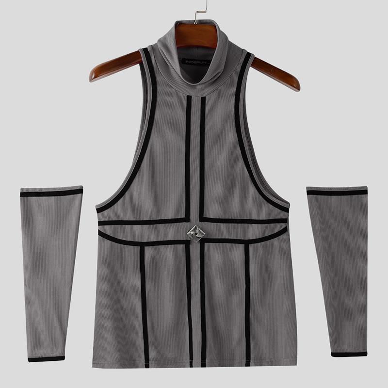 

INCERUN Men Turtleneck Sleeveless Stitching Rib Casual Fitted Tank Tops with Oversleeve 3XL серый