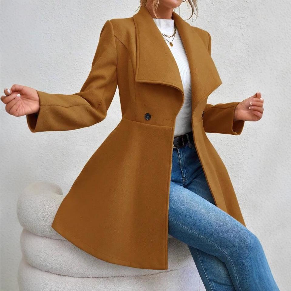 European and American-style Stylish Long Coat for Women, Fitted Design, with A Collar, Suitable for Autumn and Winter.
