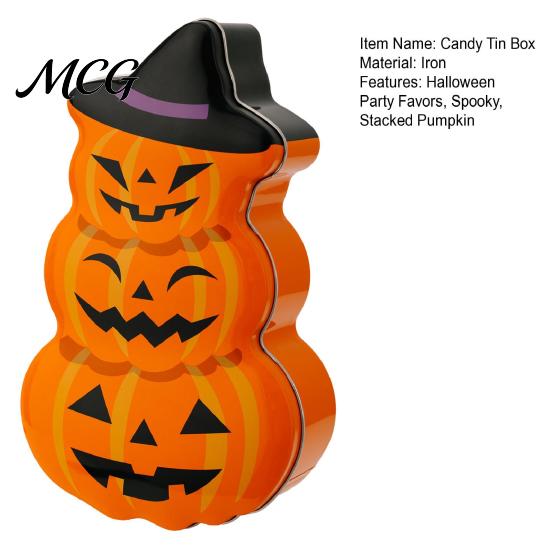 Candy Jar with Secure Lid Halloween Pumpkin Tin Box, Stacked Shaped Metal Treat Container Storage Lid, Orange Tinplate Case for Trick or Party Favors