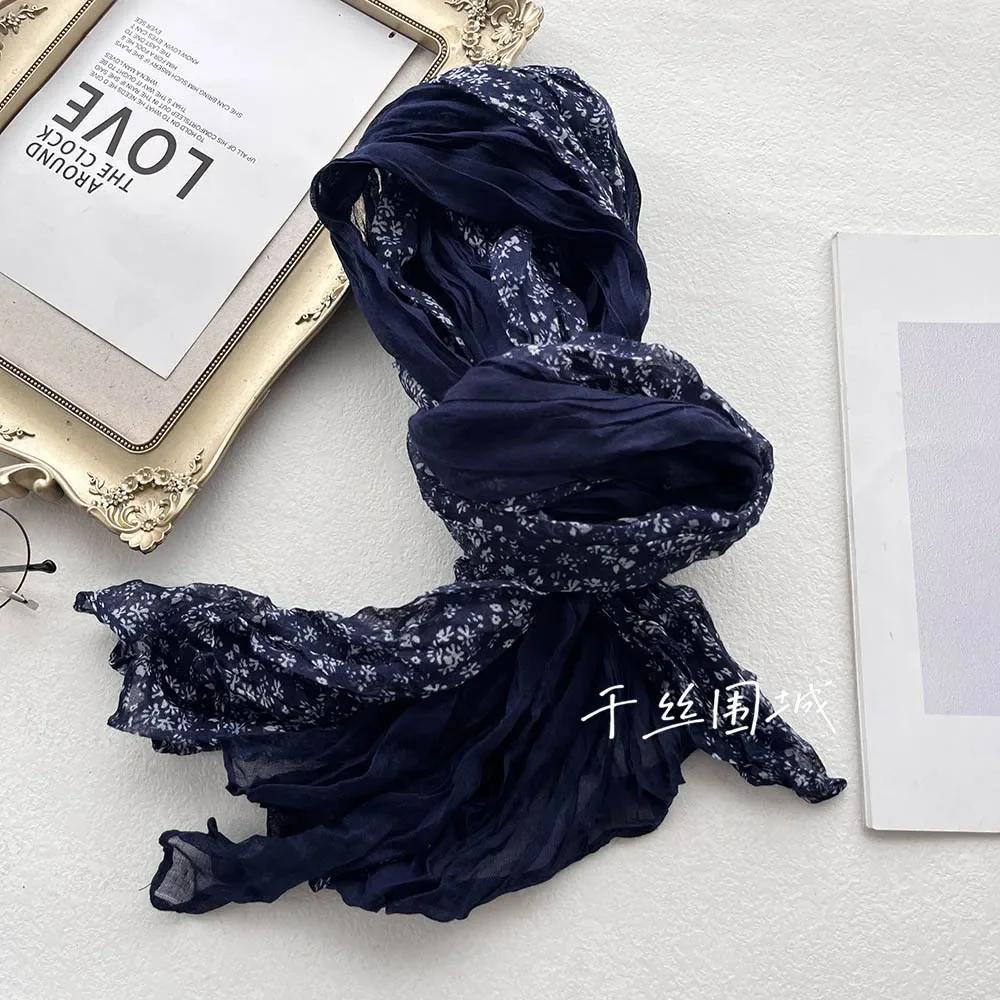 New Artistic Floral Retro Pleated Cotton Linen Scarf Thin Versatile Women's Scarves Paired Clothing Autumn Winter Fashion Trend