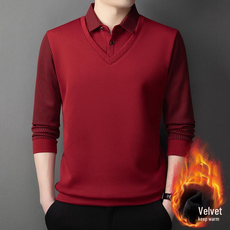 Winter Sale: Men's Fleece-Lined Two-in-One T-Shirt with Shirt Collar – Thick, Warm Base Layer