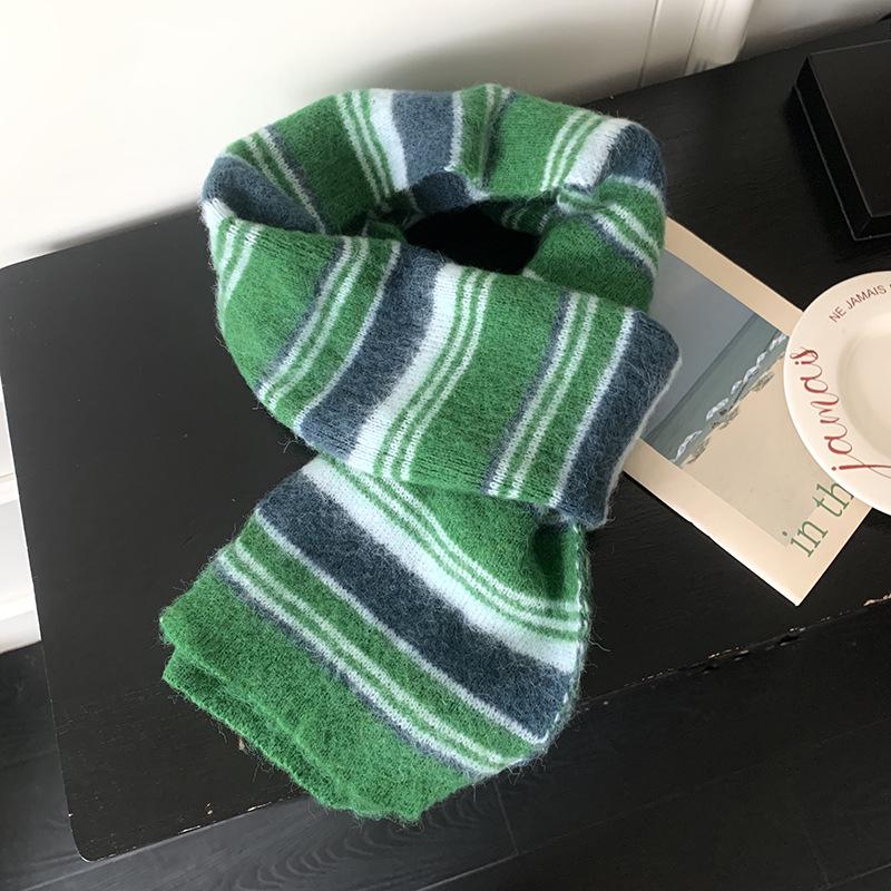 Falling Pool Women's Retro Striped Knit Scarf - Fluffy, High-End, Soft Neck Warmer for Autumn/Winter