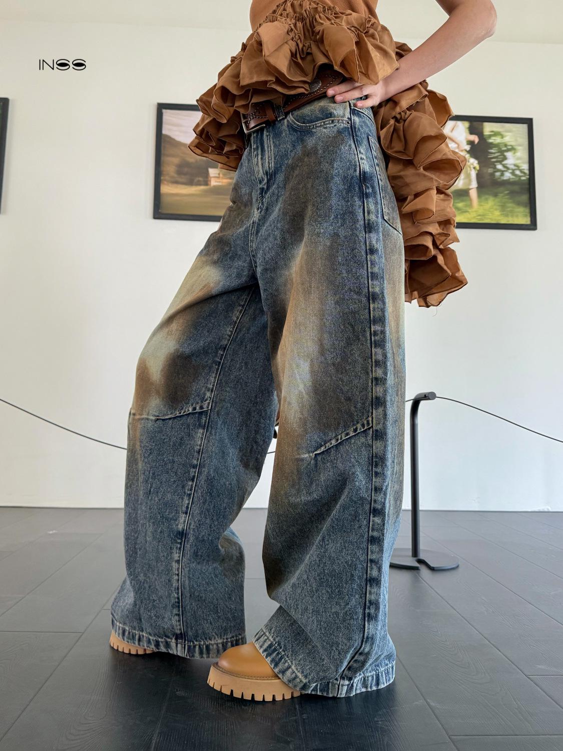 INSS Women s Retro Distressed Washed Jeans, Spring 2026, Deconstructed Straight-Leg Design #91005 M