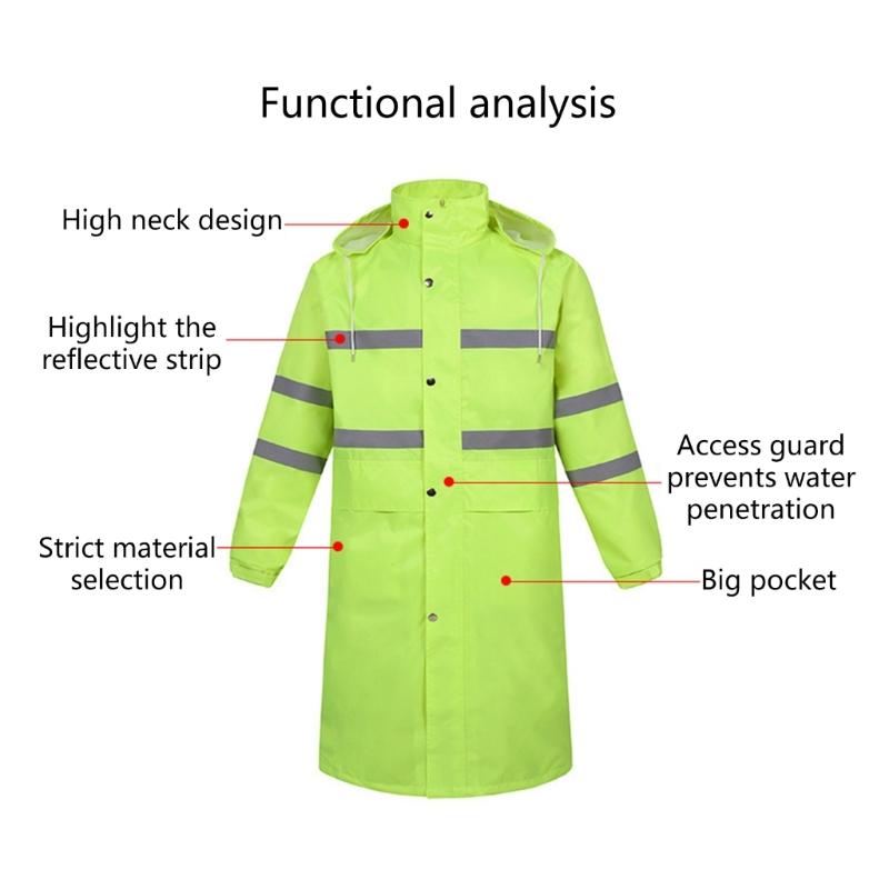 Rain Jacket High Visibility Workwears Safety Concealed Hood Fluorescent Flashing Hooded Long Length Waterproof Work Coat