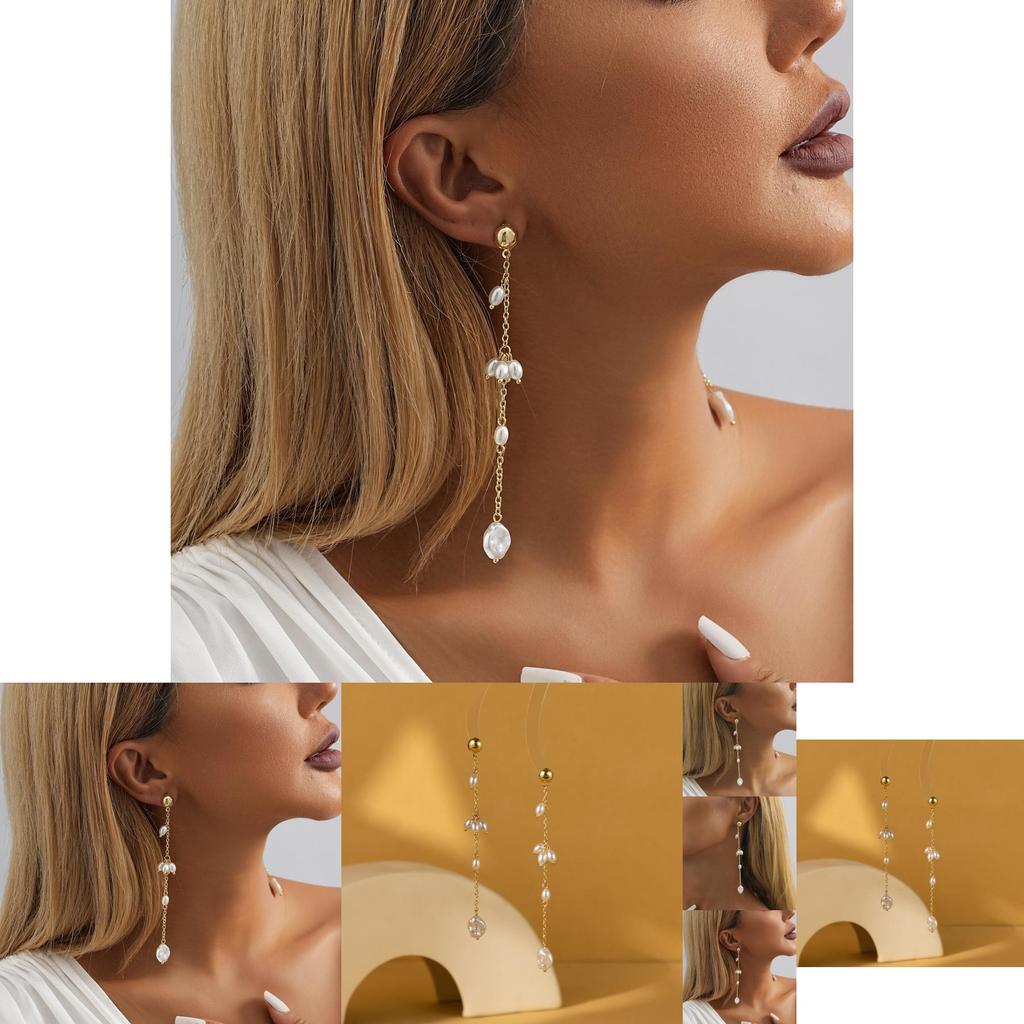 Classic Gold Plated Dangle Earrings With Faux Pearls For Women Modern Fashion