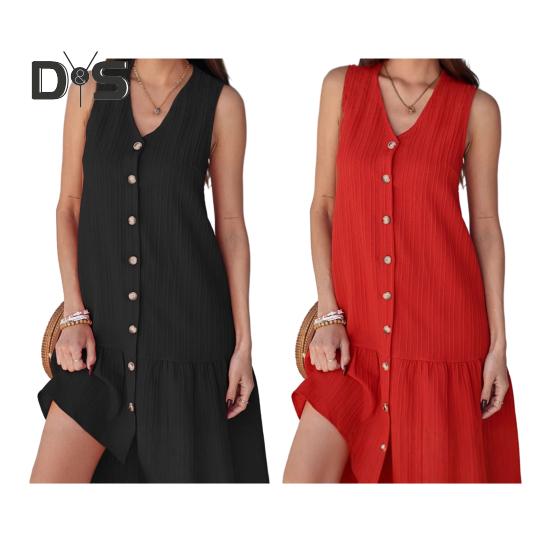 Summer Dress V-Neck Sleeveless Single-Breasted Solid Color Mini Dress Solid Color Loose Fit Women Dress
