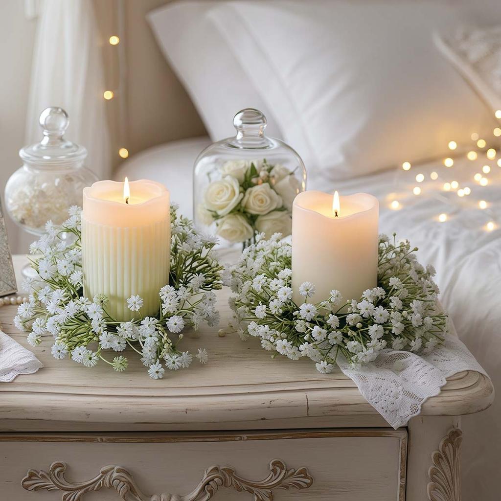 4Pcs Floral Wreath Candle Rings Wreaths, Artificial Gypsophila Flowers Candle Rings Garland for Pillar Centerpiece Party Table Decor