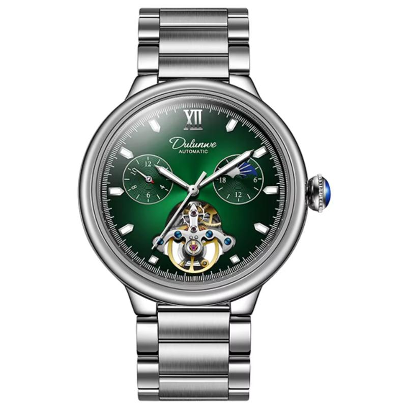 

Мужские механические наручные часы 3 АТМ водонепроницаемые автоматические часы фаза Луны турбийон спортивные часы Steel серебряный/зелёный