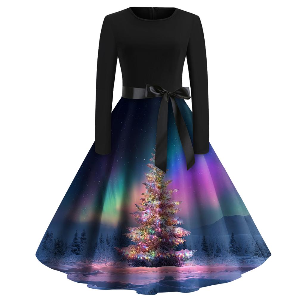 Rochie de damă la modă, rotundă, casual, slim fit, cu imprimeu de Crăciun, croială largă, cu mâneci lungi