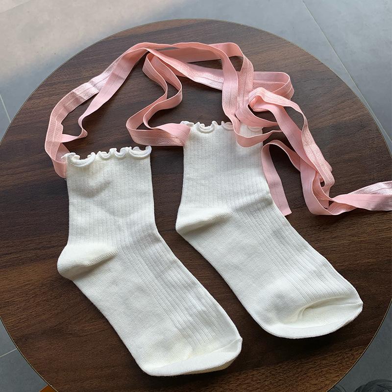 Balletcore Lace-Up Socks with Ruffled Cuff, Sweet Lolita Ribbed Crew Socks for Women, Y2K Aesthetic Leg Warmers Accessories