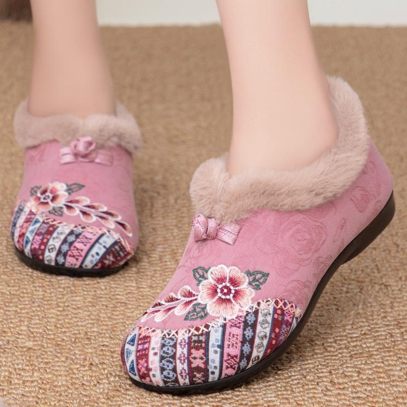 Shoes Women's Cotton Shoes Winter Women's Shoes Velvet One-pedal Embroidered Shoes Fluffy Shoes Large Size Cotton Shoes