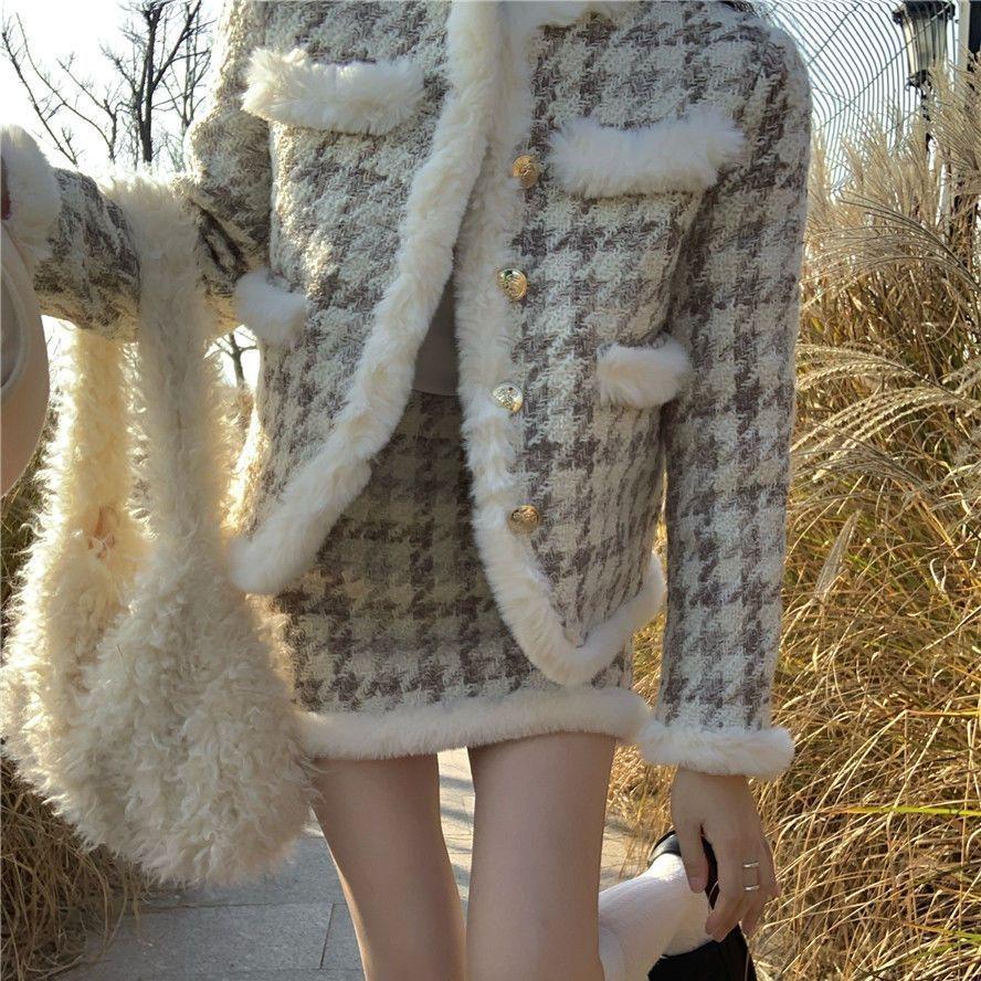 2025 Chic Wool Houndstooth Short Jacket & A-line Skirt Suit for Women, Autumn/Winter Collection