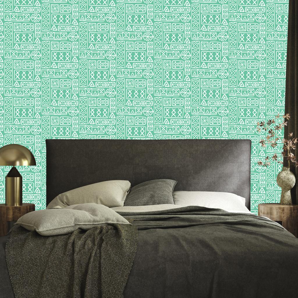 Polynesian Geometric Pattern Wallpaper Mint and Sea 50x1000