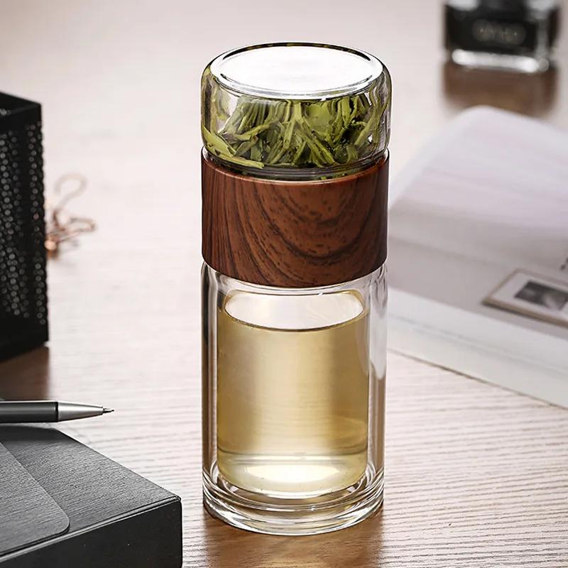 Doppelwandige Glas-Kanne, Hitzebeständiges Teekännchen mit Sieb, Glas zur Trennung von Tee und Wasser, Transparente Holzmaserung Teetassen 300ml