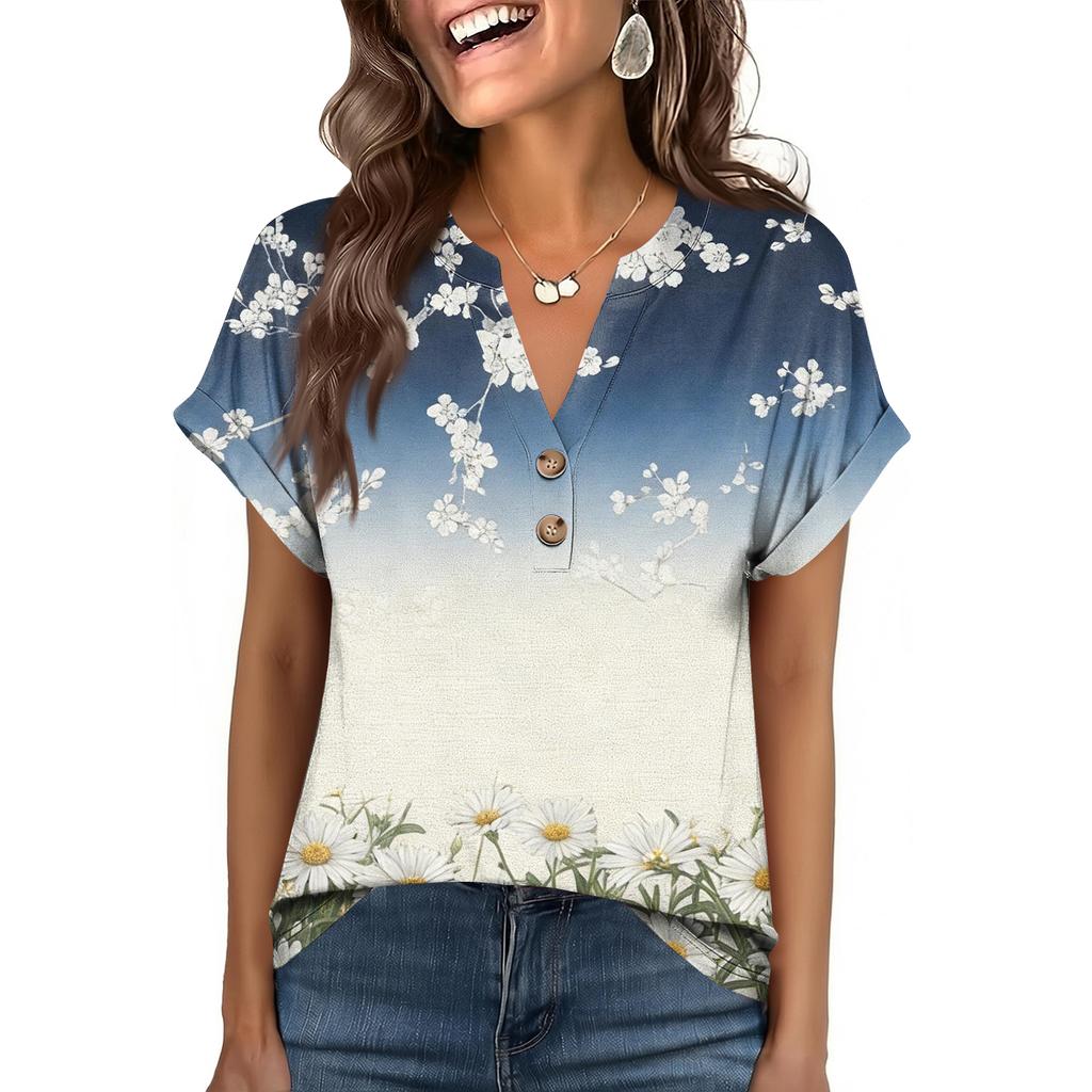 Camiseta de Manga Corta con Botones, Cuello en V, Estampada, Casual, Holgada, a la Moda para Mujer