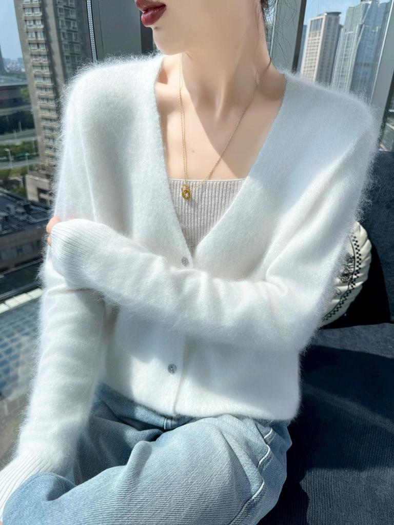 Autumn & Winter V-Neck Mink Velvet Women's Knit Cardigan - Loose, Slimming, Marled Yarn Sweater Top, Fashionable Outerwear