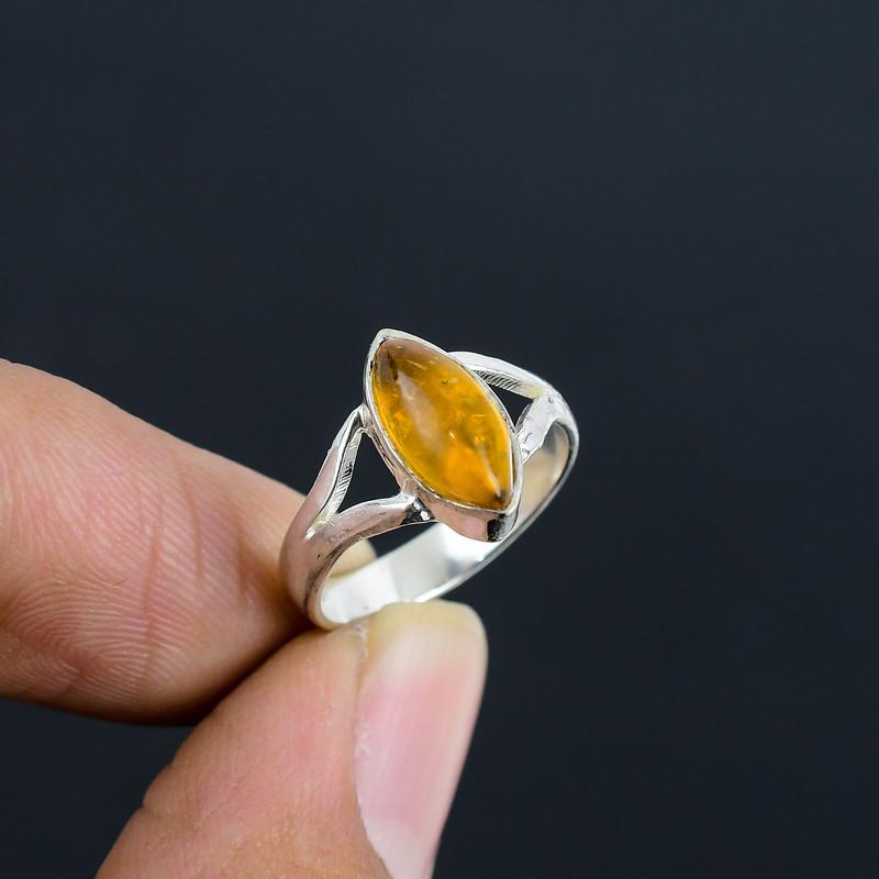 

Baltic Amber Marquise 6x12 MM Cabochon Hand Crafted Stone Fine Polished 925 Sterling Silver Ring with Unique Design Gift Wedding Engagement жовтий