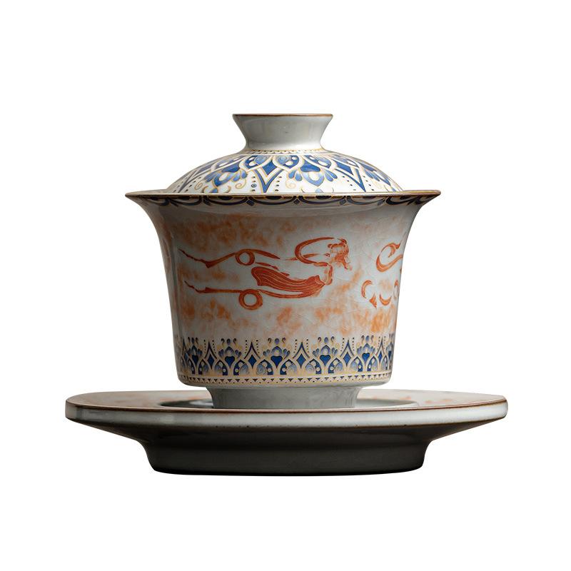 170ML Dunhuang Yuanbao Gaiwan Household Ceramic Sancai Gaiwan Imitation Song Ru Kiln Opening Kung Fu Tea Set Tea Bowl Gift Box