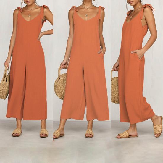 Women Jumpsuit V Neck Loose Fit All-match Tie Belt Design Strap Jumpsuit Streetwear