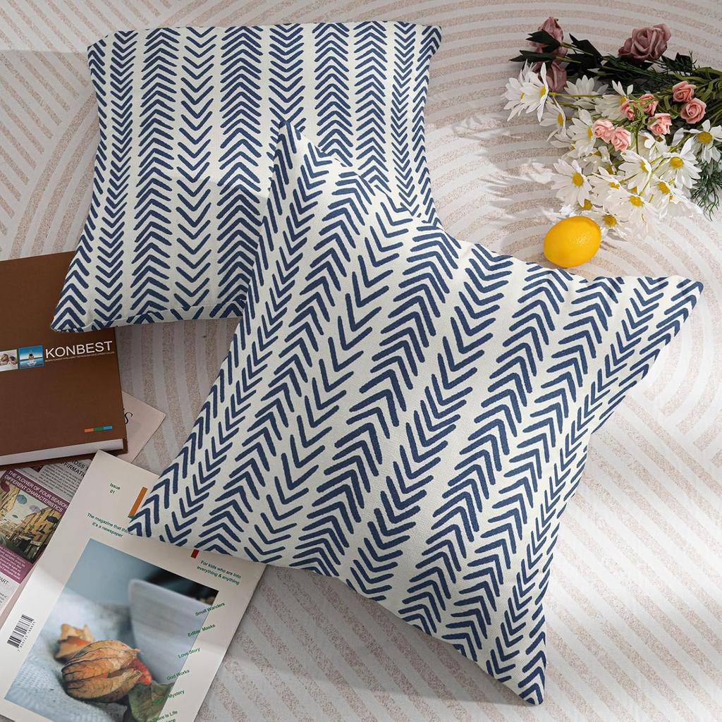 KSLIDS Navy Blue White Indigo Ivory Throw Pillow Covers Set of 2 Boho Arrow Herringbone Decorative Pillow Covers 18x18 Inch Bohemian Geometric Pillow