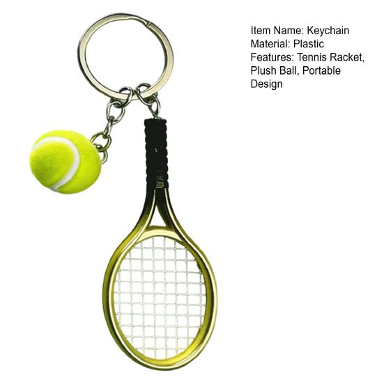 Keychain Tennis Racket Plush Ball Key Chain with Mini Pendant Metal Ring Compact Portable Sports Decoration