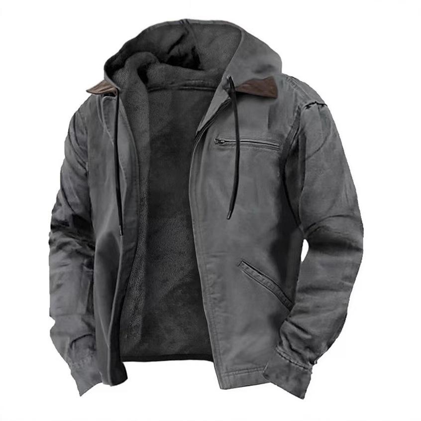 Herren Fleece-gefütterte Kapuzenjacke mit Reißverschluss, Winter Warmer Mantel mit Taschen, Lässige Streetwear in Grau/Oliv/Braun/Marine