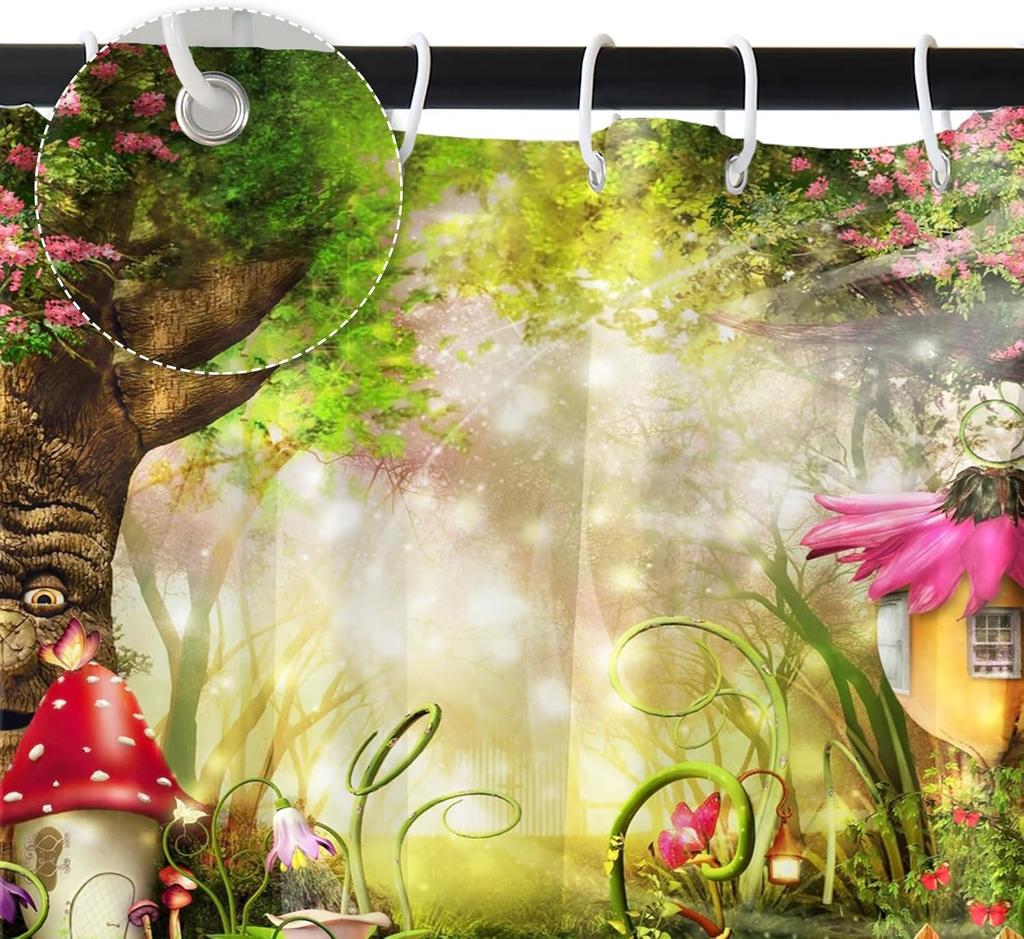 Renaiss 72X72 Inch Enchanted Forest Shower Curtain Fairy Tale Magic Mushroom Trees Flowers Fairytale Wonderland Jungle Shower Cu